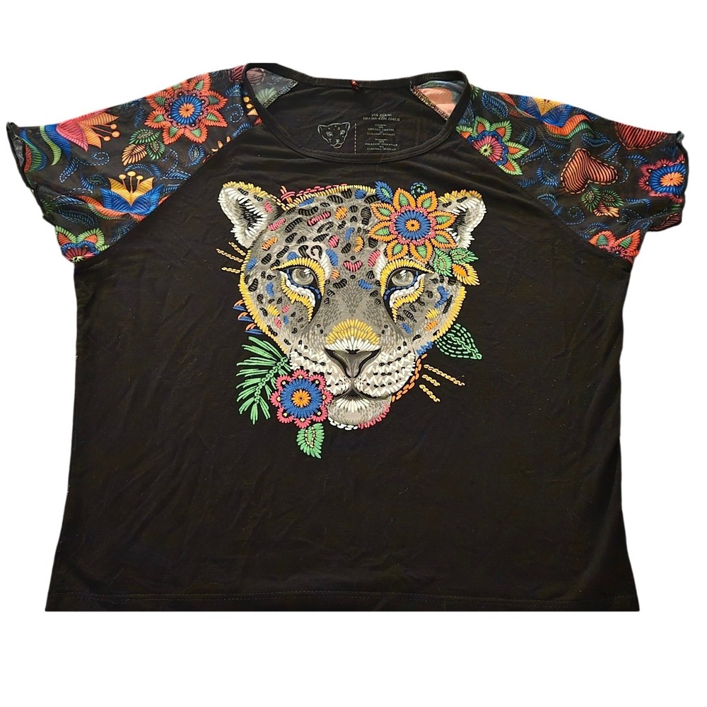 Ay Guey! Womens Jaguar Floral Mesh Raglan Sleeve Graphic T-Shirt Black Small